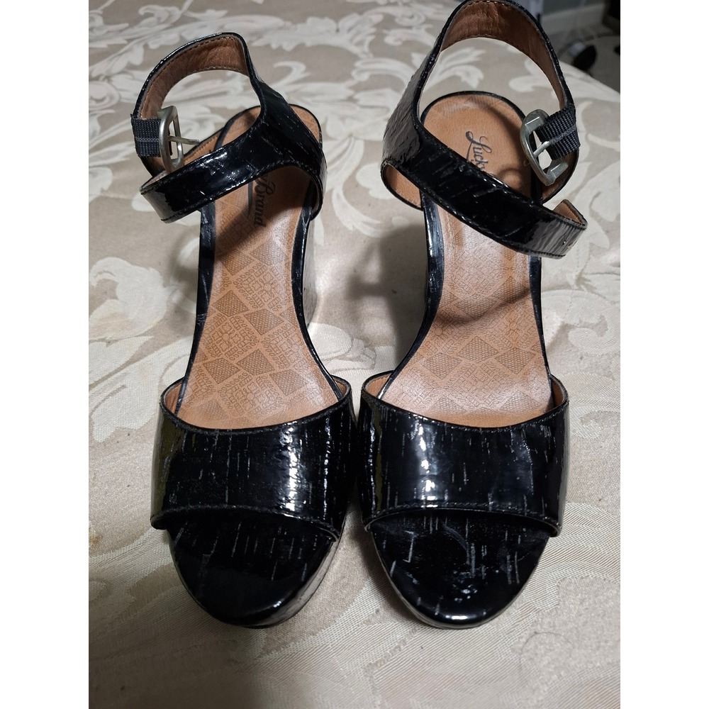 Lucky Brand Lindey Black Lacquered Cork Wedge Sandals LK-LINDEY Size 8.5M
